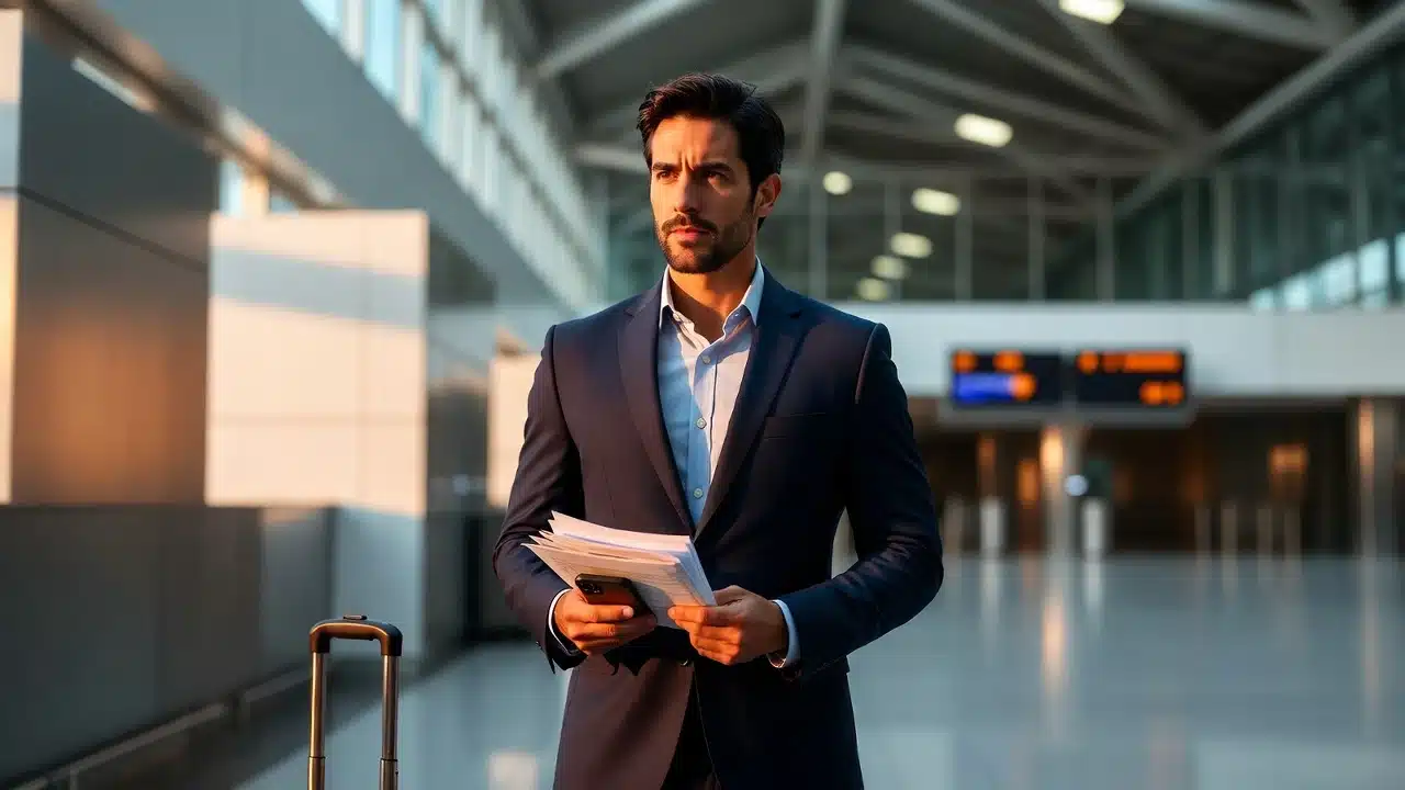 Passageiro brasileiro em terminal de aeroporto segurando documentos, determinado a processar companhia aerea por seus direitos