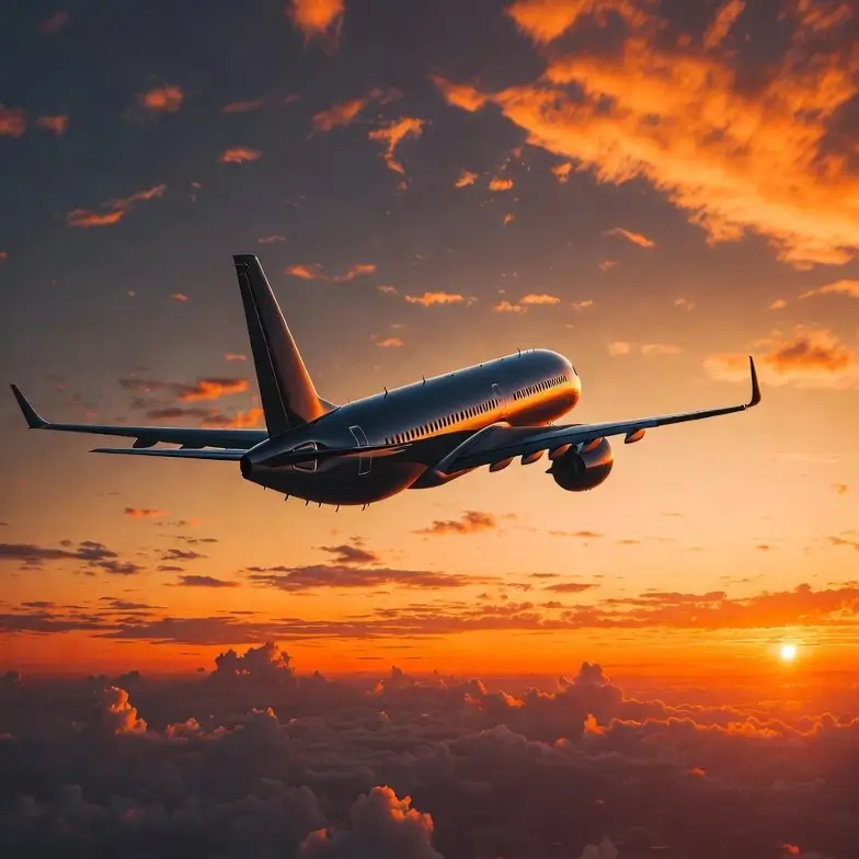 Avião comercial em voo internacional acima das nuvens durante pôr do sol, representando os direitos do passageiro em voos internacionais