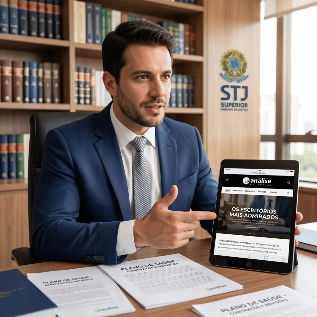Advogado especialista em direito à saúde explicando documentos de plano de saúde