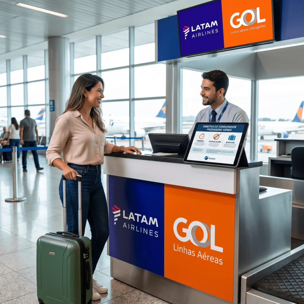 Passageira conhecendo seus direitos em caso de problemas com passagens aéreas