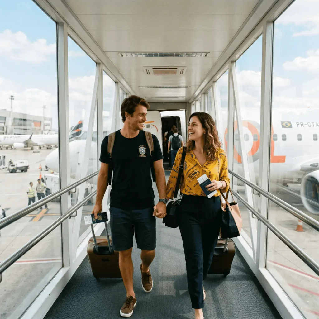 Casal de passageiros protegendo seus direitos em viagem aérea