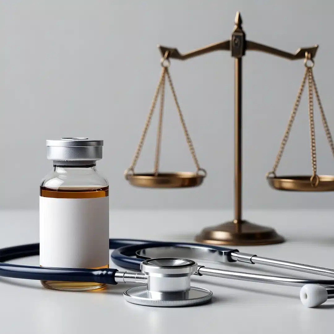 Frasco de medicamento biológico com símbolos de justiça representando direitos do paciente