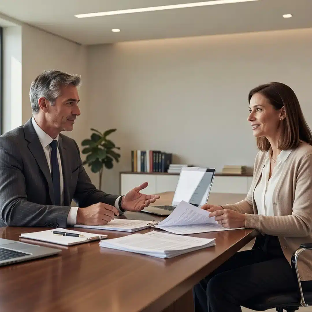 Advogado e paciente em consulta sobre negativa de cobertura de medicamento pelo plano de saúde