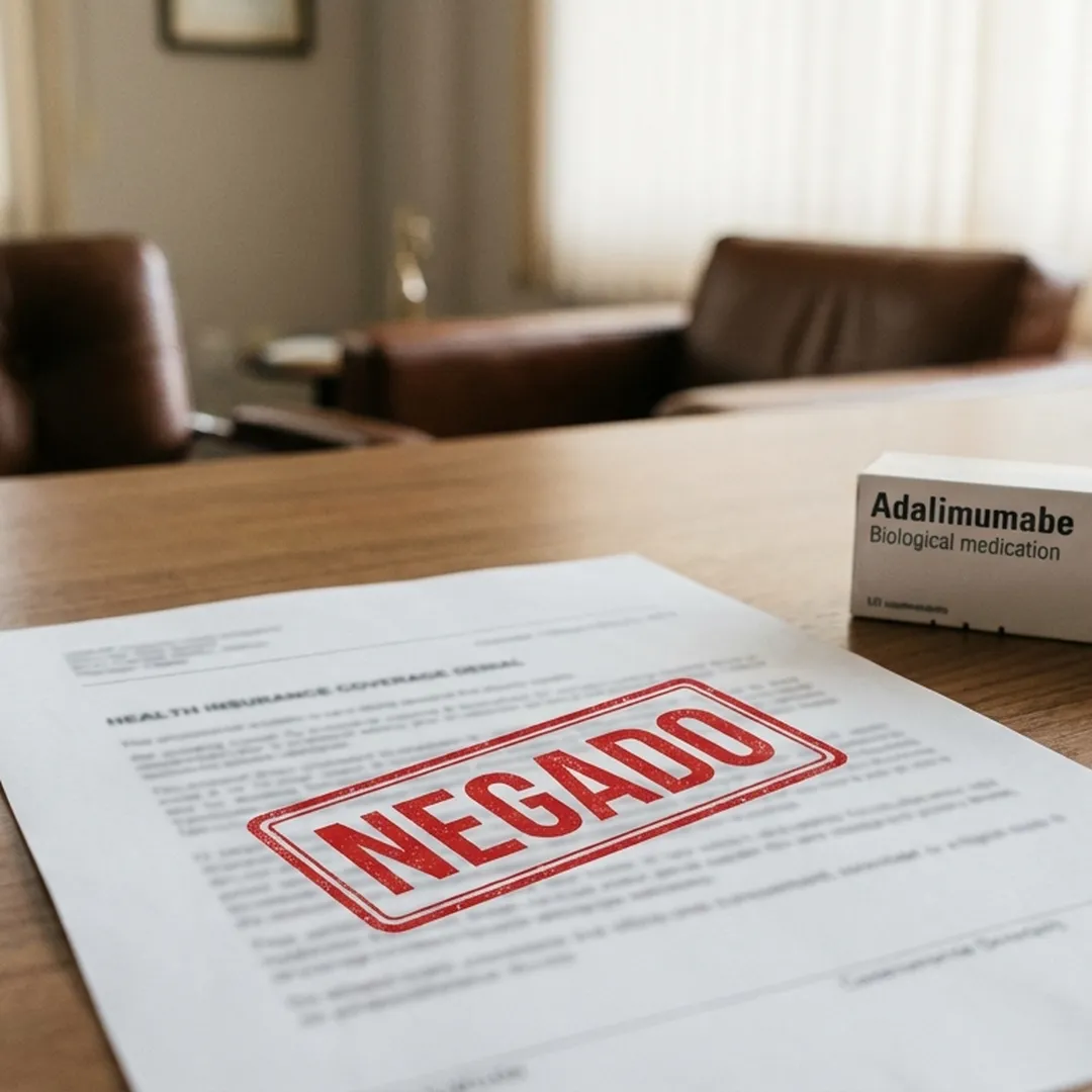 Documento de negativa do plano de saúde sobre mesa com medicamentos representando recusa de cobertura do adalimumabe