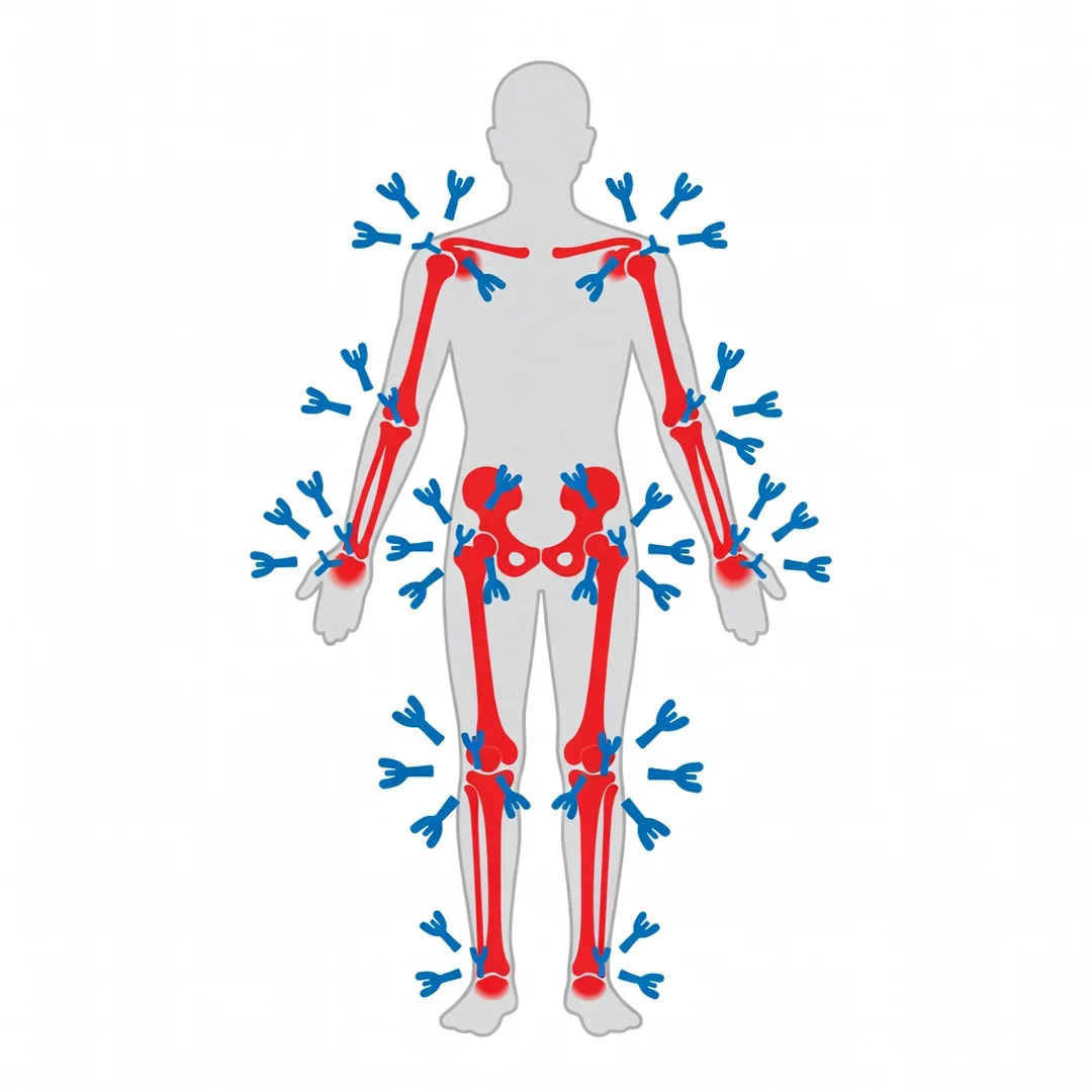 Ilustração do sistema imunológico atacando articulações em doenças autoimunes tratadas com adalimumabe Humira