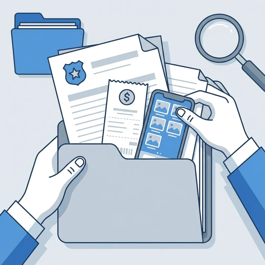 Mãos organizando documentos e evidências após golpe financeiro: boletim de ocorrência, comprovante de pagamento e prints de tela no celular