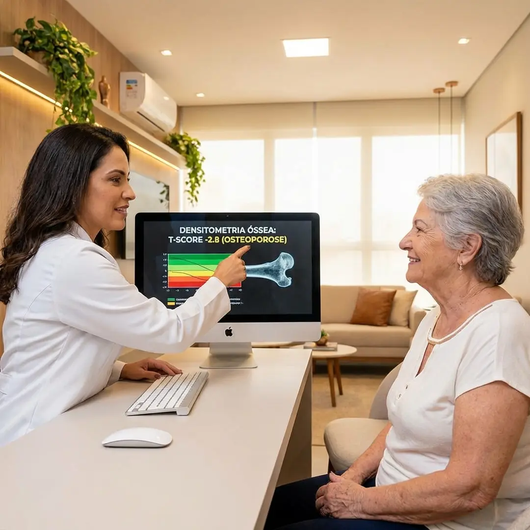 Médica explicando resultado de densitometria óssea para paciente idosa em consultório