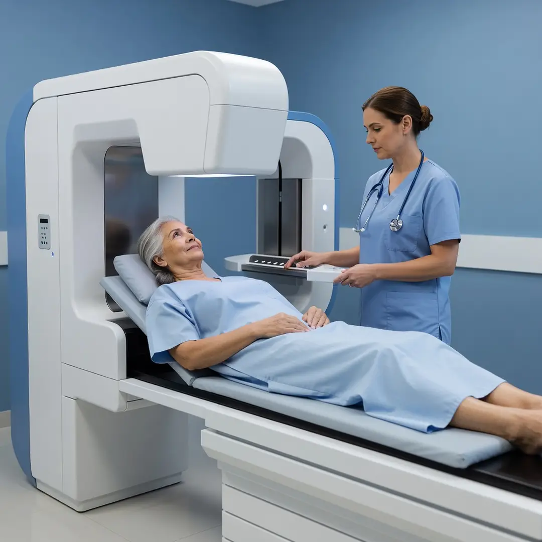 Paciente realizando densitometria óssea para diagnóstico de osteoporose