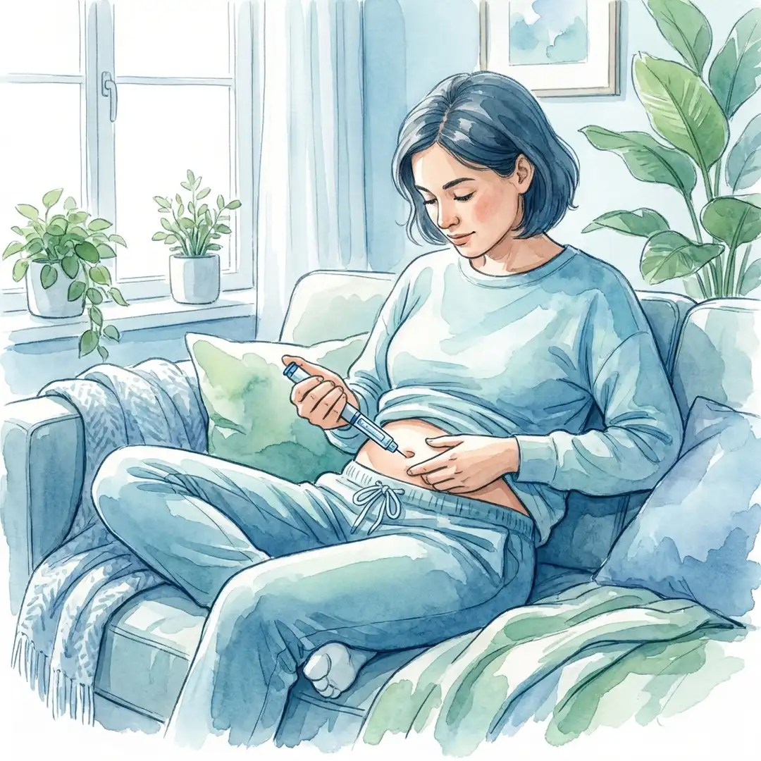 Paciente realizando autoaplicação de medicamento biológico injetável em ambiente doméstico