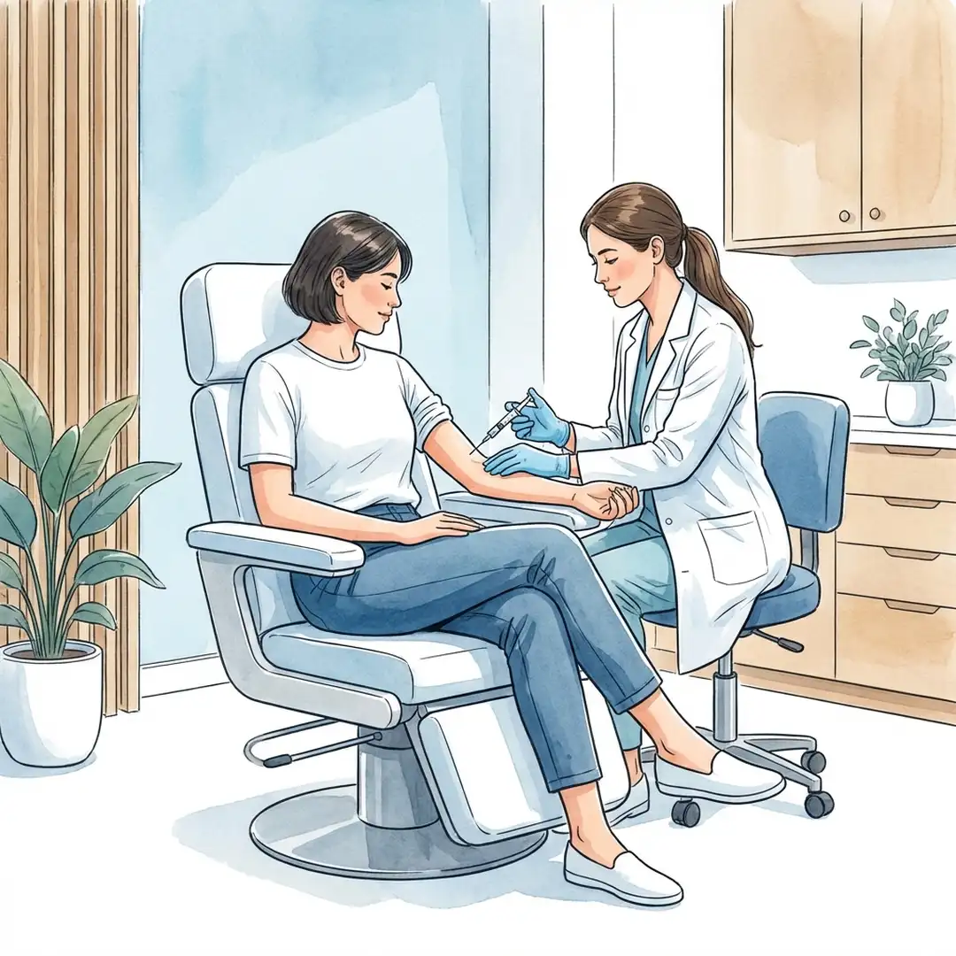 Paciente recebendo aplicação de medicamento biológico injetável em ambiente clínico