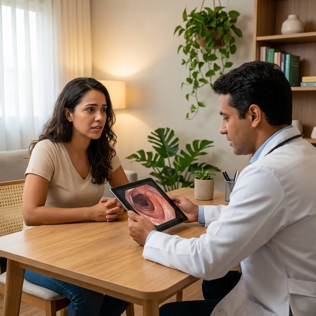 Gastroenterologista mostrando exame de colonoscopia em tablet para paciente durante consulta