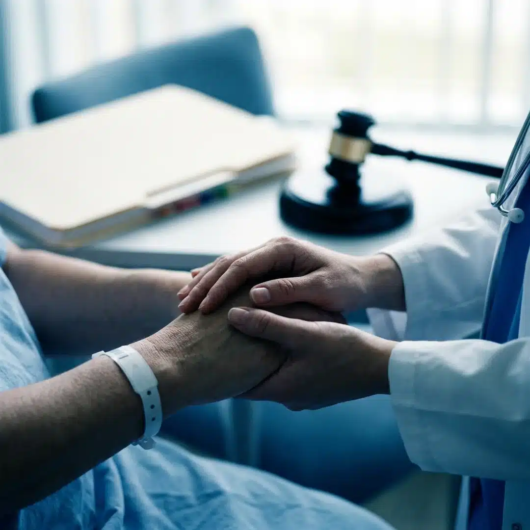 Profissional de saude acolhendo paciente oncologico com martelo de juiz ao fundo representando direitos juridicos