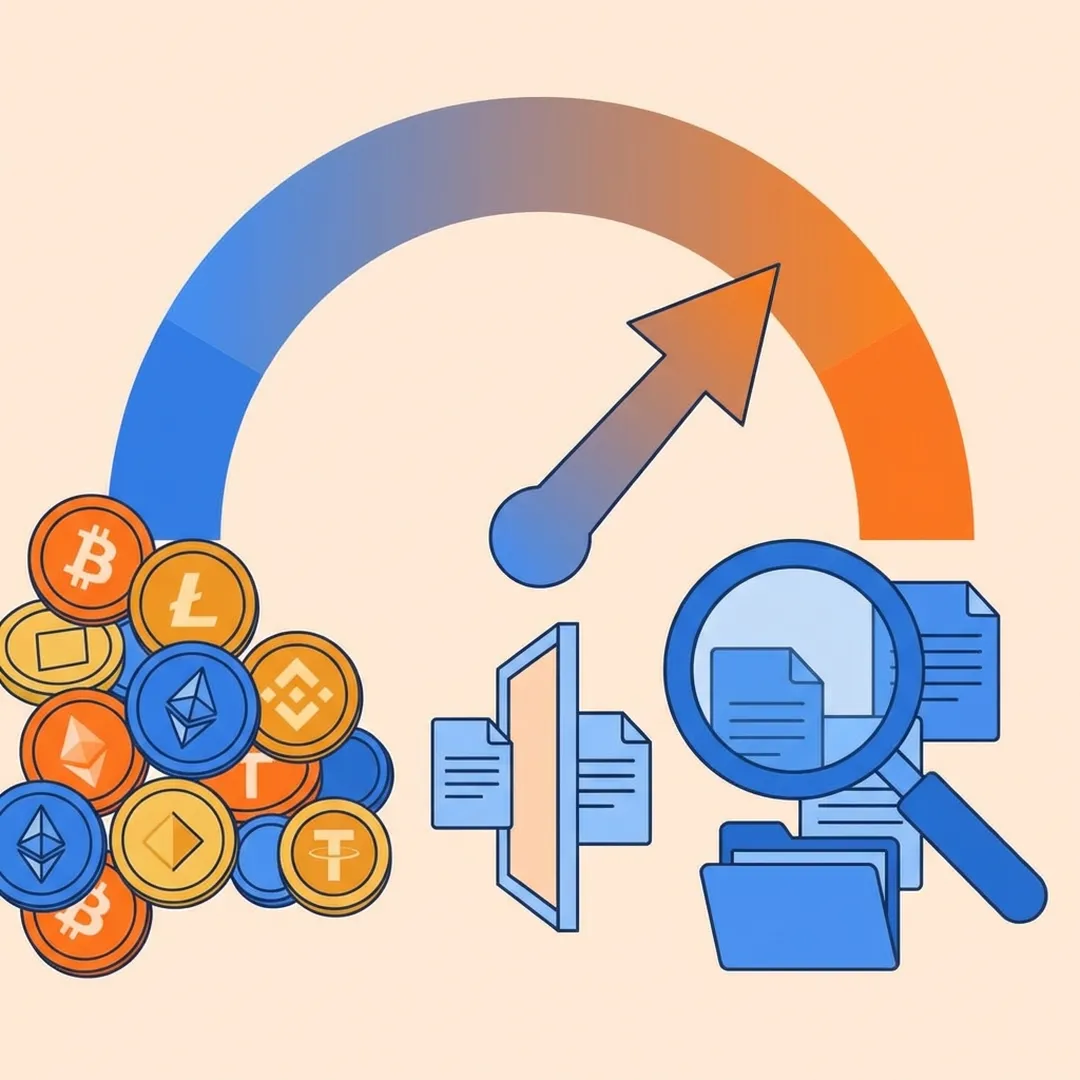 Medidor de risco com criptomoedas e lupa analisando documentos, representando triagem de casos viáveis