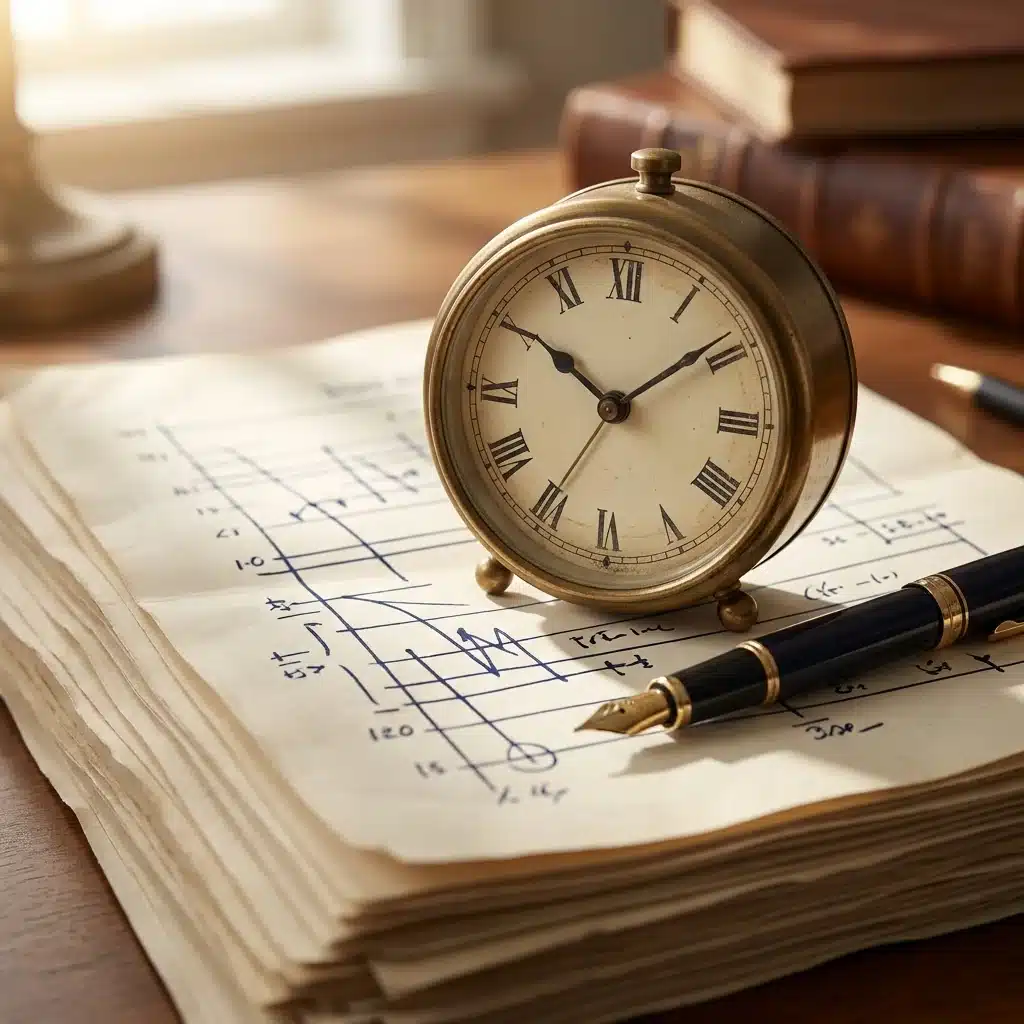 Relogio analogico em laton sobre pilha de documentos com caneta tinteiro