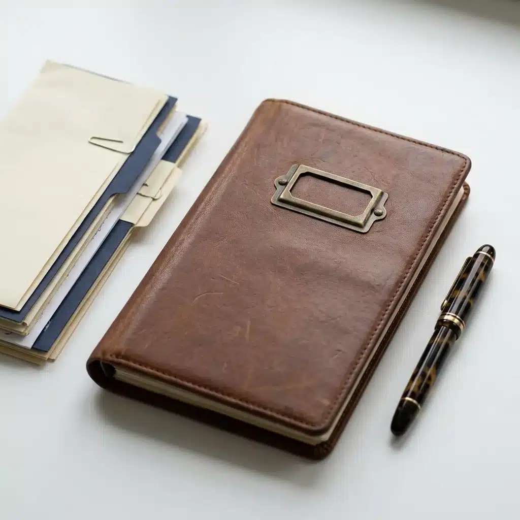 Pasta de couro marrom organizada com documentos e caneta tinteiro sobre mesa branca
