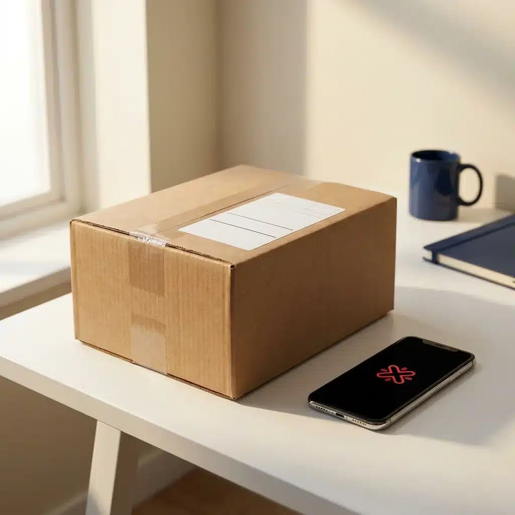 Caixa de papelao de envio com etiqueta em branco ao lado de celular com simbolo vermelho