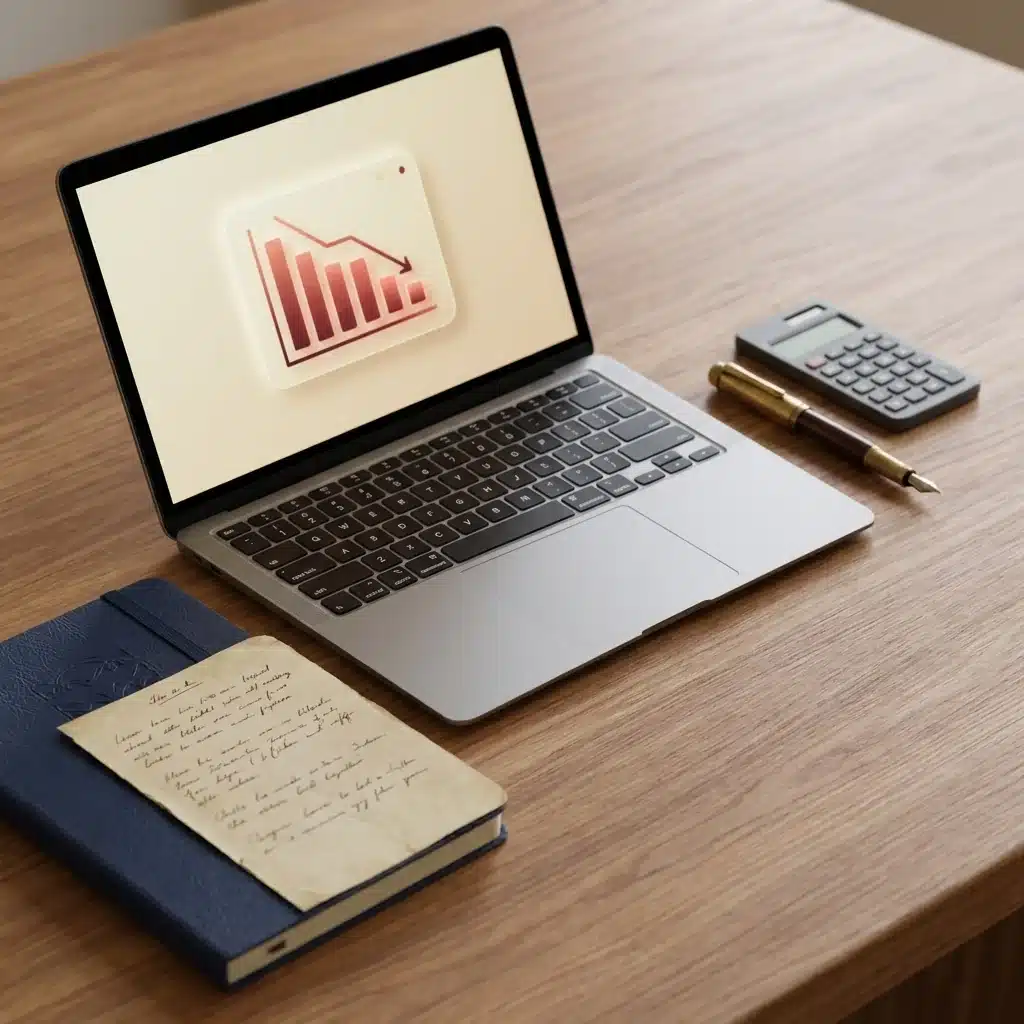 Laptop sobre mesa de madeira mostrando grafico de queda em vermelho com calculadora