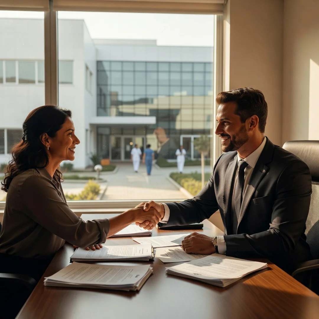 Paciente e advogado apertando mãos após obter liminar para infliximabe negado pelo plano de saúde