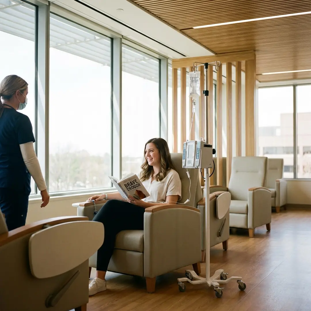 Paciente jovem sorrindo durante sessao de infusao de medicamento para esclerose multipla