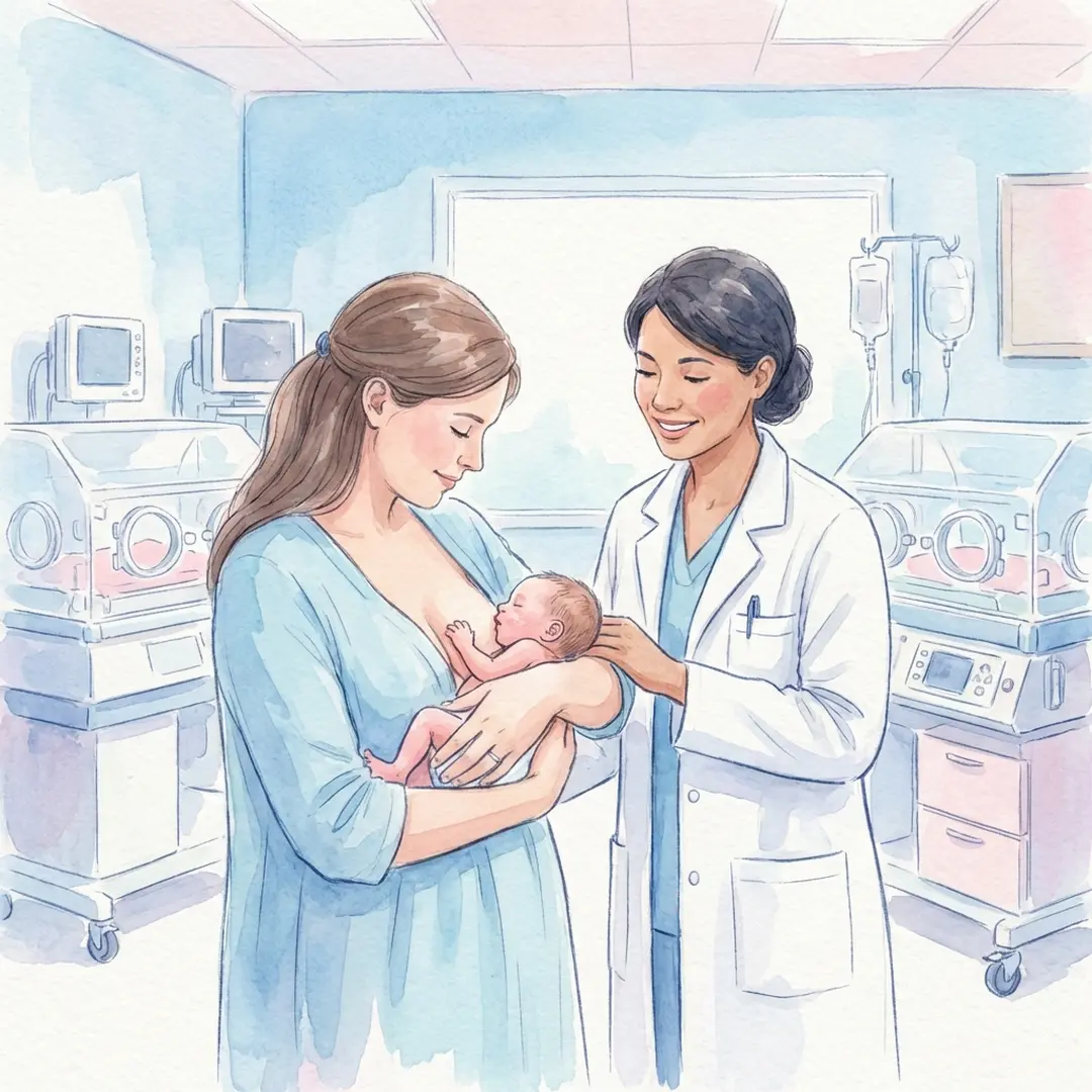 Mãe com bebê prematuro recebendo cuidados em hospital pediátrico