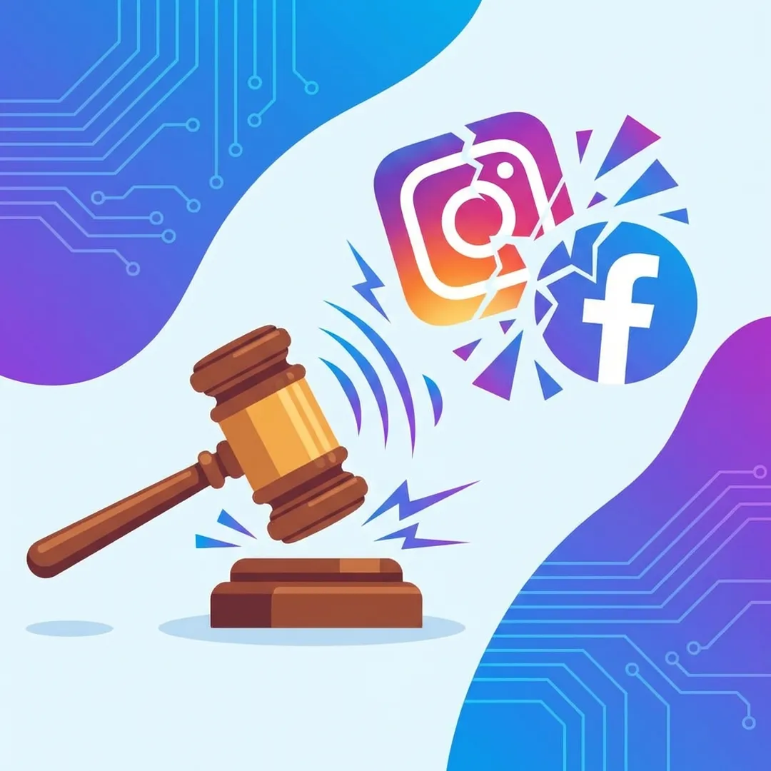 Martelo de juiz ao lado de ícones de redes sociais, representando condenações judiciais contra Instagram e Facebook por falha de segurança