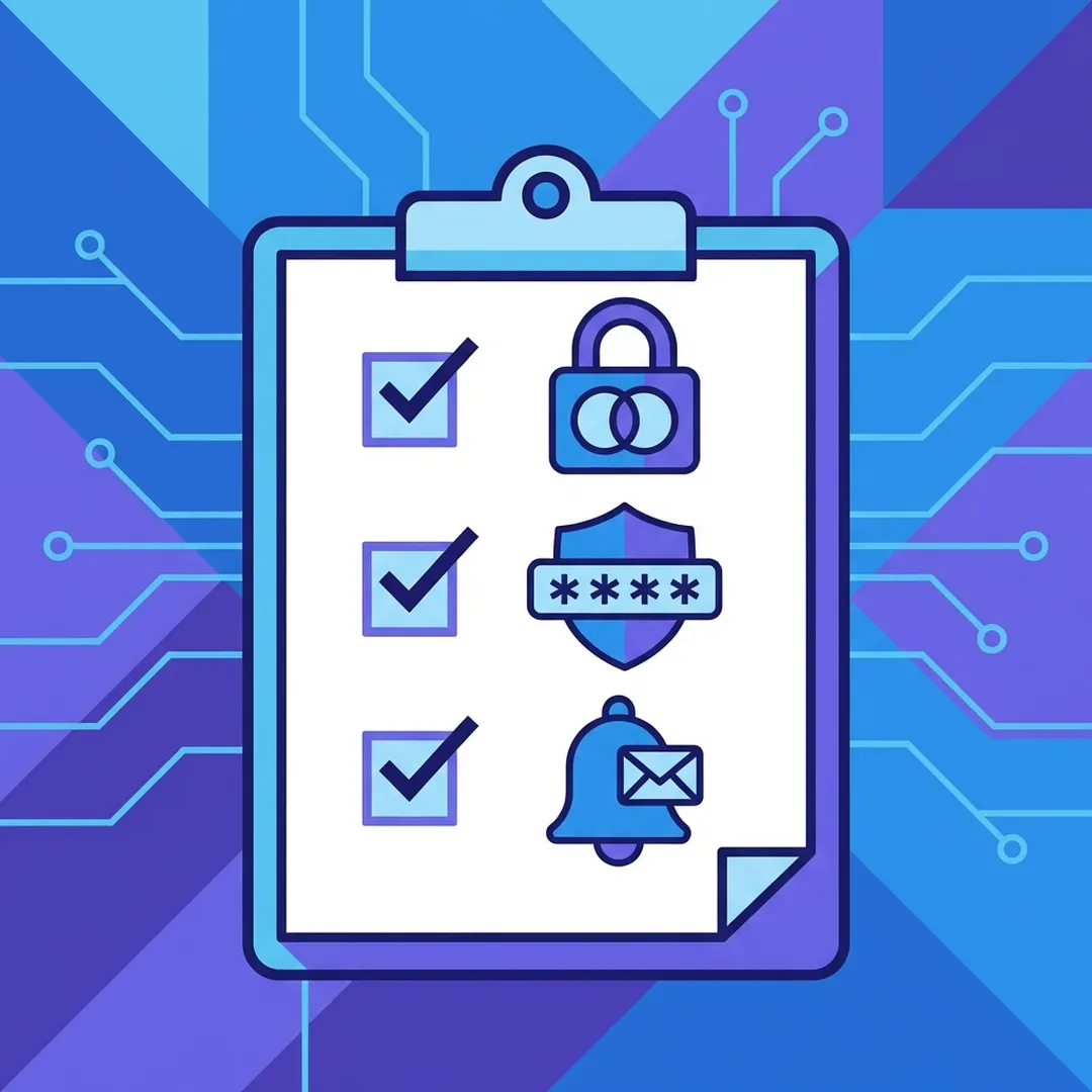 Checklist de segurança digital com ícones de autenticação em dois fatores, senha forte e notificações para proteger perfil de rede social