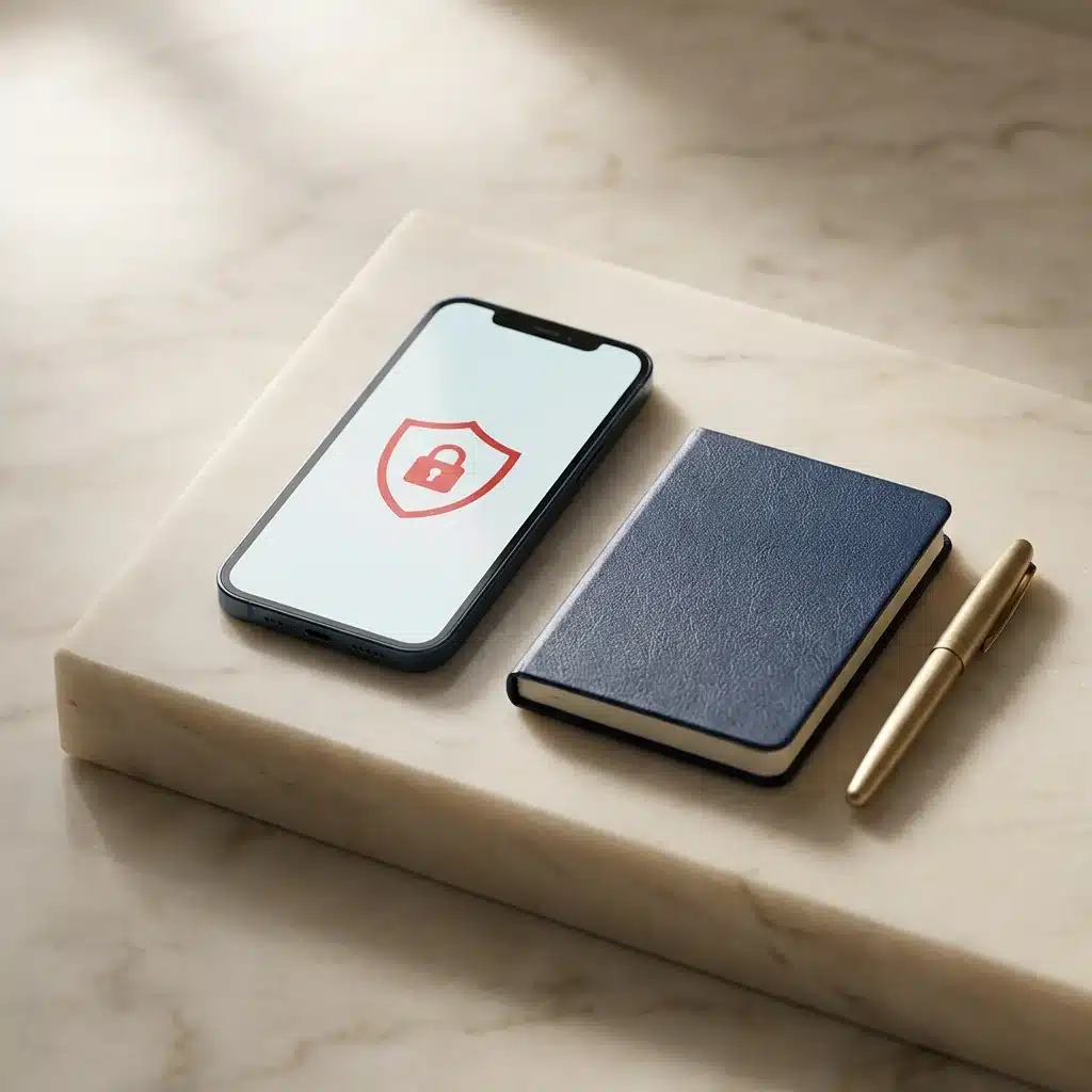 Smartphone exibindo aviso de bloqueio em plataforma digital sobre superficie de marmore