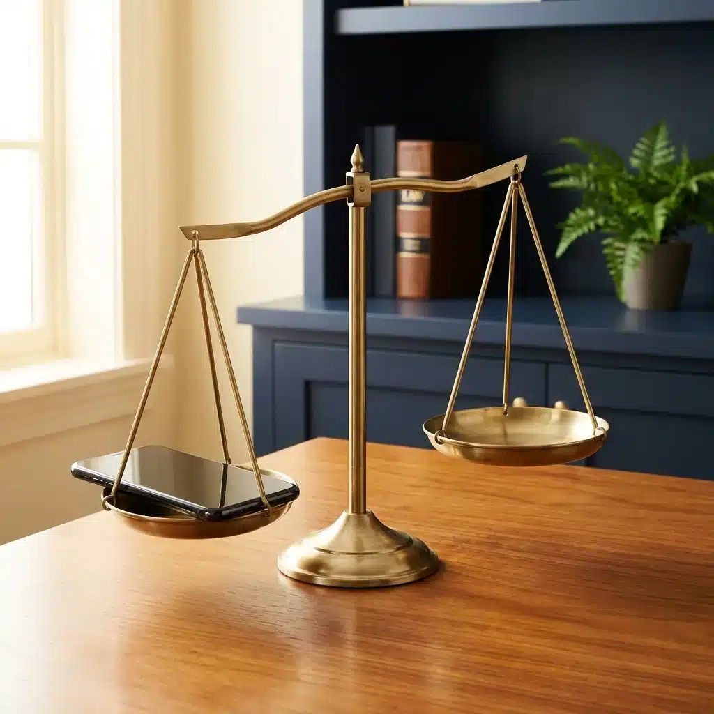 Balanca da justica em laton sobre mesa de madeira ao lado de smartphone