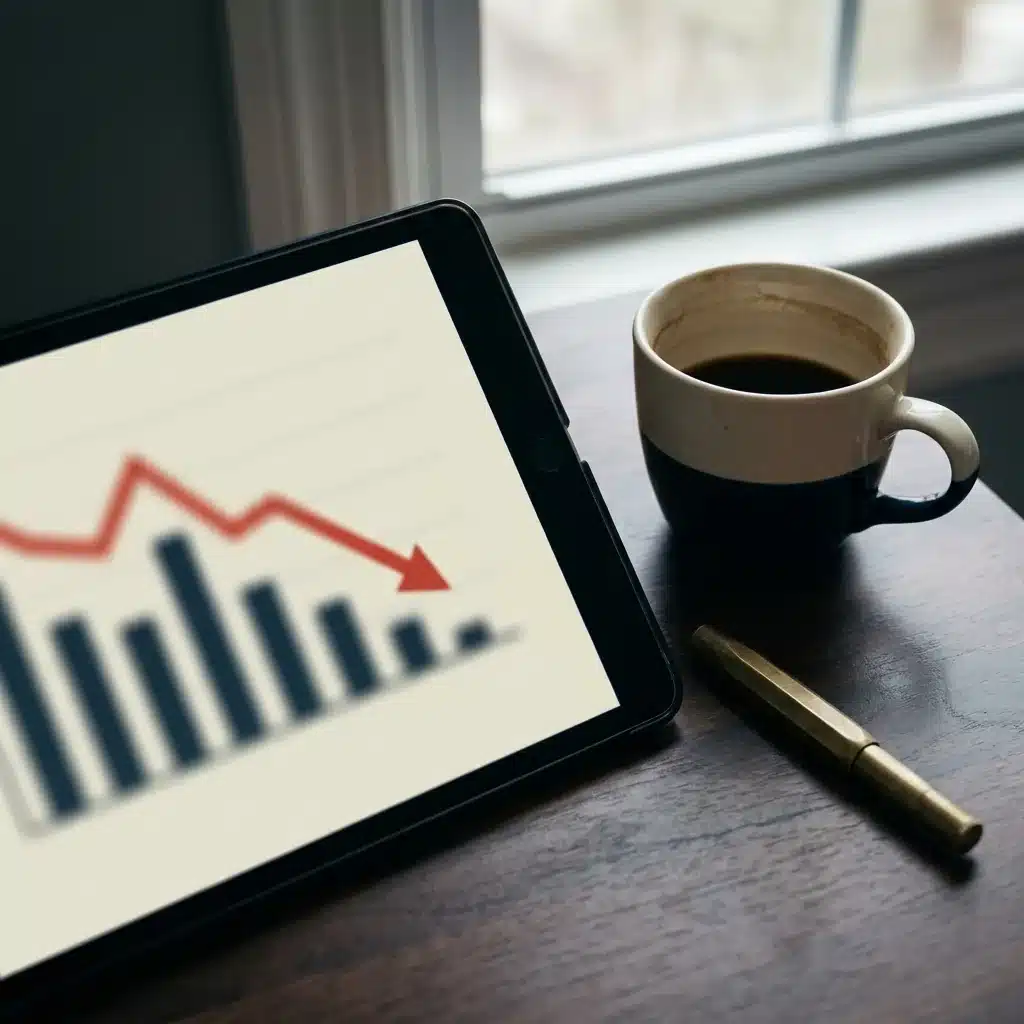 Tablet exibindo grafico de queda de performance ao lado de cafe e caneta dourada