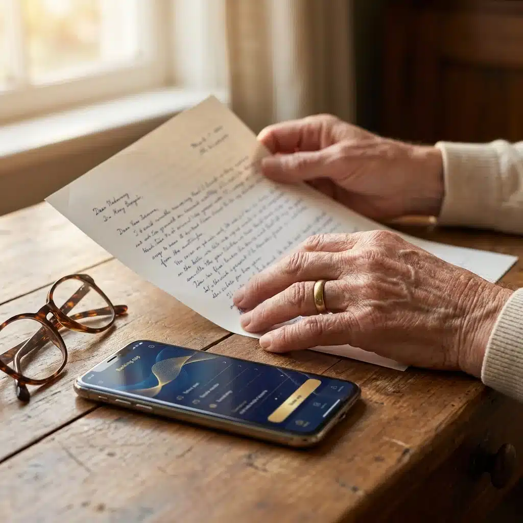 Maos de uma pessoa idosa revisando documento ao lado de smartphone com app bancario