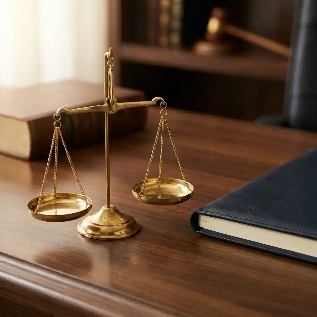 Balanca da justica em laton sobre mesa de madeira ao lado de pasta de couro azul