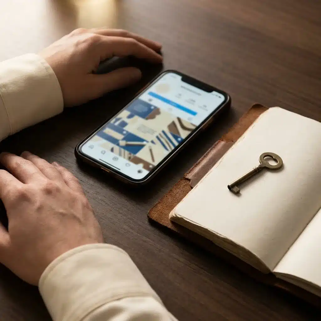 Mao usando smartphone com app de rede social ao lado de chave dourada e caderno de couro