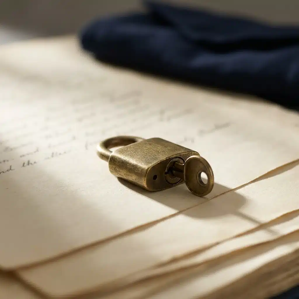 Cadeado dourado antigo com chave sobre documentos sobre tecido azul marinho