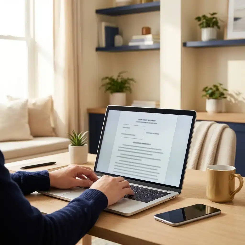 Maos digitando em laptop com documento processual abstrato em ambiente de home office