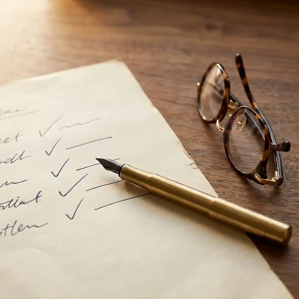 Lista de verificacao em papel com tiques manuscritos caneta tinteiro e oculos