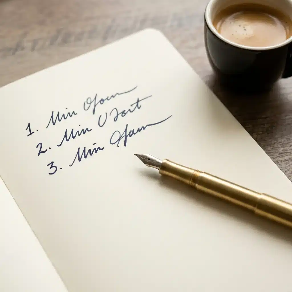 Caderno com lista numerada e caneta tinteiro dourada ao lado de cafe expresso