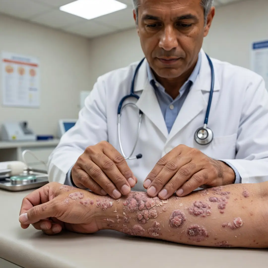 Dermatologista examinando paciente com psoríase em placas no braço