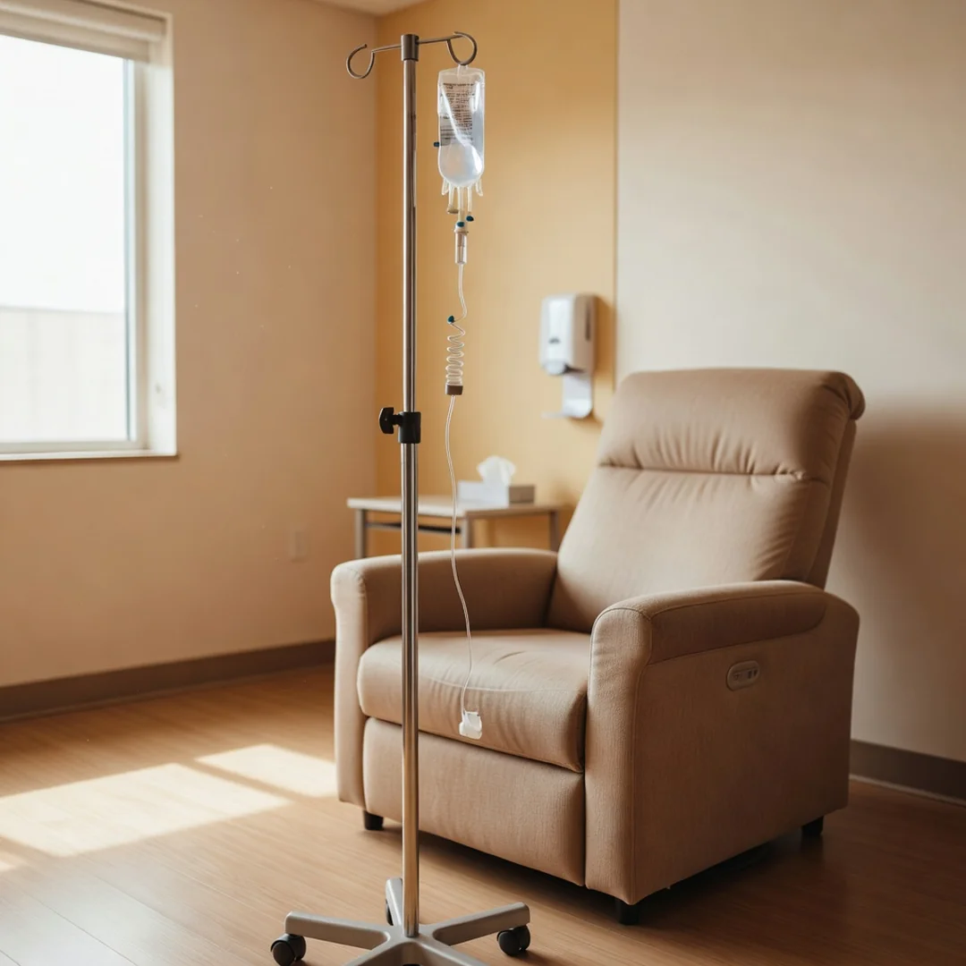 Sala de infusão hospitalar com suporte de soro para administração de rituximabe intravenoso