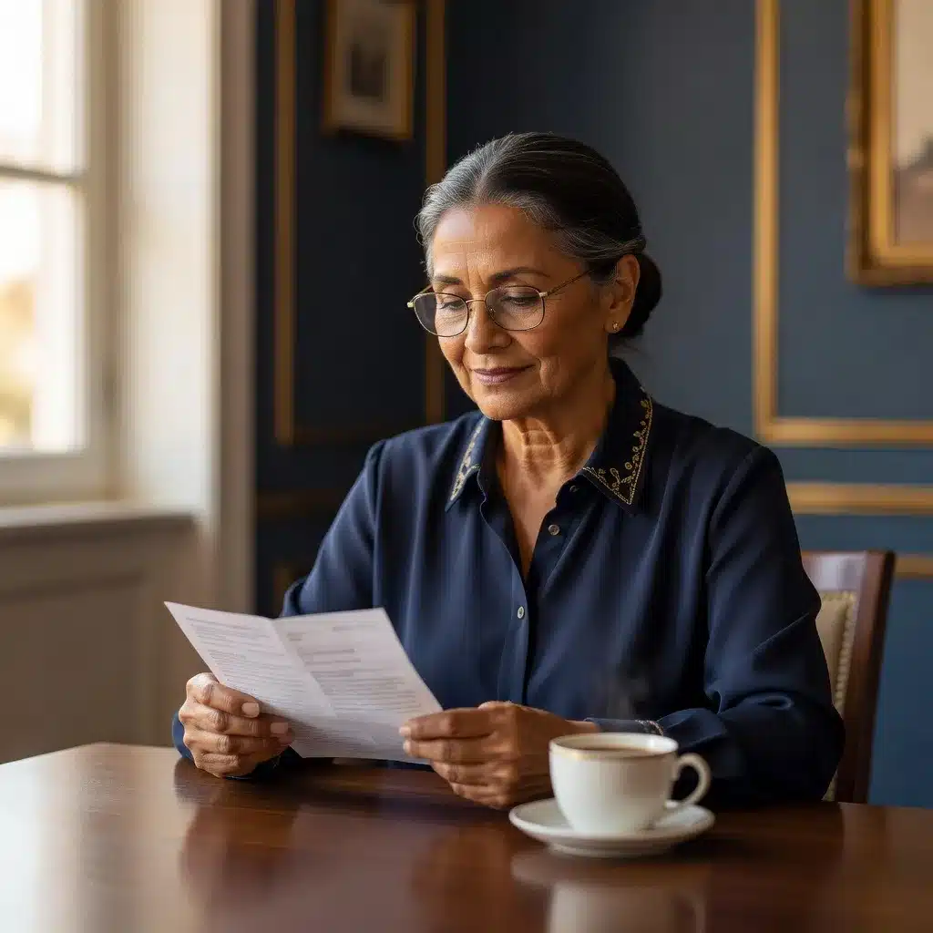 Idosa revisando boleto do plano de saúde