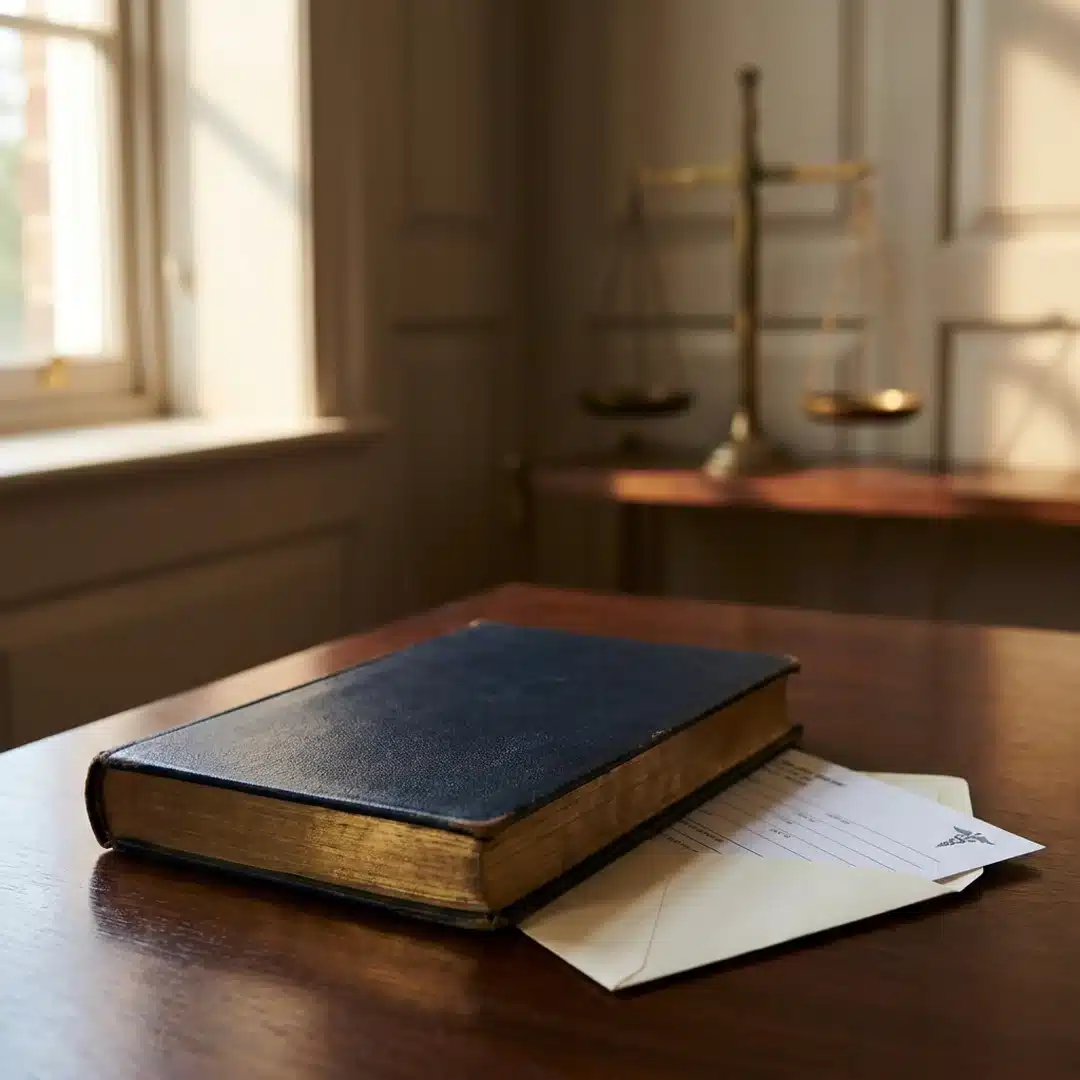 Livro jurídico de capa azul-marinho sobre mesa com balança da justiça ao fundo, representando a via judicial para garantir a cobertura do pembrolizumabe pelo plano de saúde