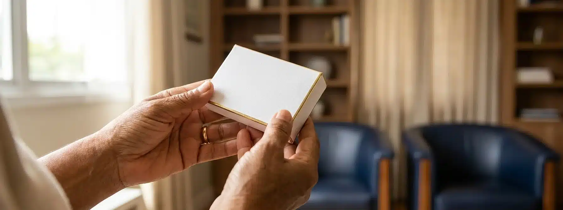 Mãos de paciente segurando uma caixa de medicamento de imunoterapia oncológica em um consultório, ilustrando o direito à cobertura do pembrolizumabe (Keytruda) pelo plano de saúde