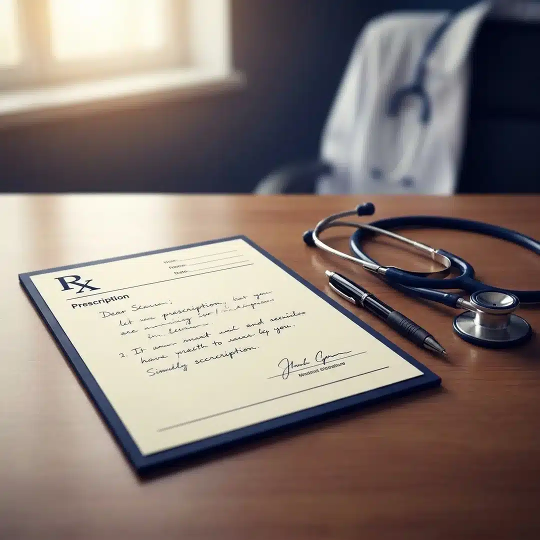 Receituário médico sobre mesa de madeira com estetoscópio ao lado, simbolizando a prescrição médica que ampara o pedido de cobertura do pembrolizumabe