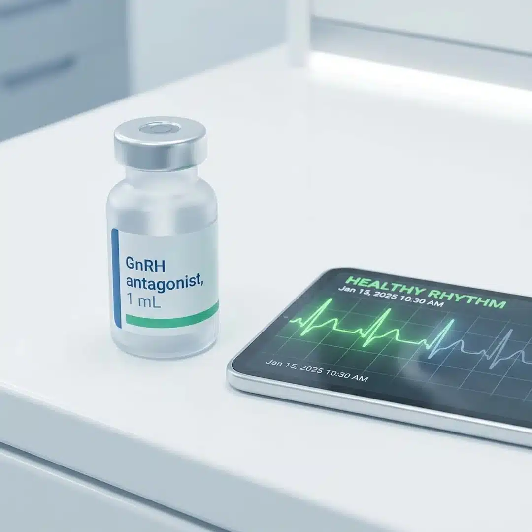 Frasco de antagonista do GnRH (degarrelix) ao lado de tablet exibindo ritmo cardíaco saudável — diferencial cardiovascular do Firmagon vs análogos do GnRH