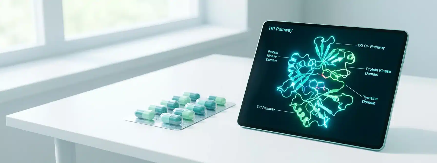 Estrutura molecular do inibidor de tirosino quinase em tablet ao lado de cápsulas — Lenvima (lenvatinibe) e cobertura pelo plano de saúde