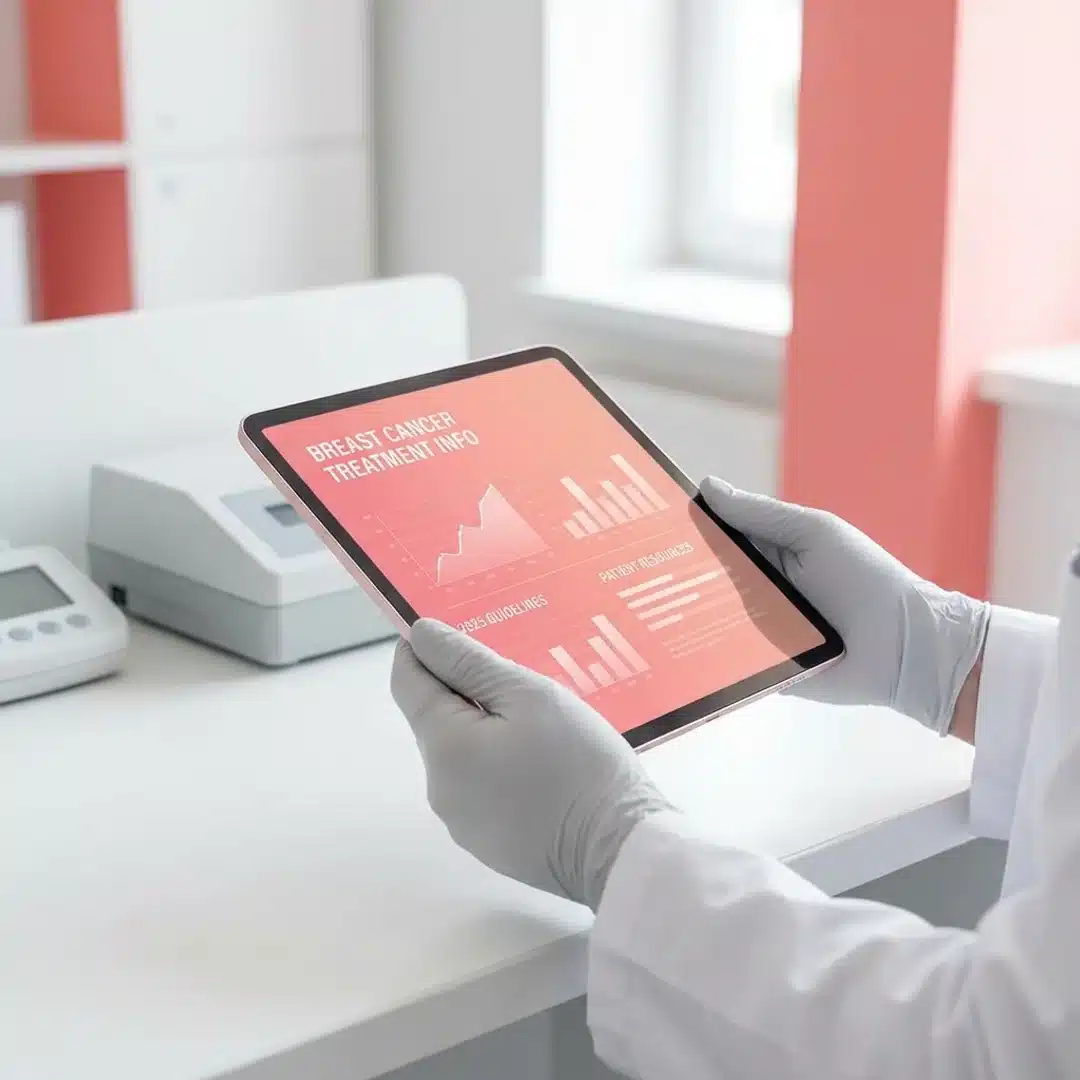 Mãos de oncologista com luvas brancas segurando tablet com diretrizes 2025 do tratamento do câncer de mama — Nolvadex (tamoxifeno) e cobertura