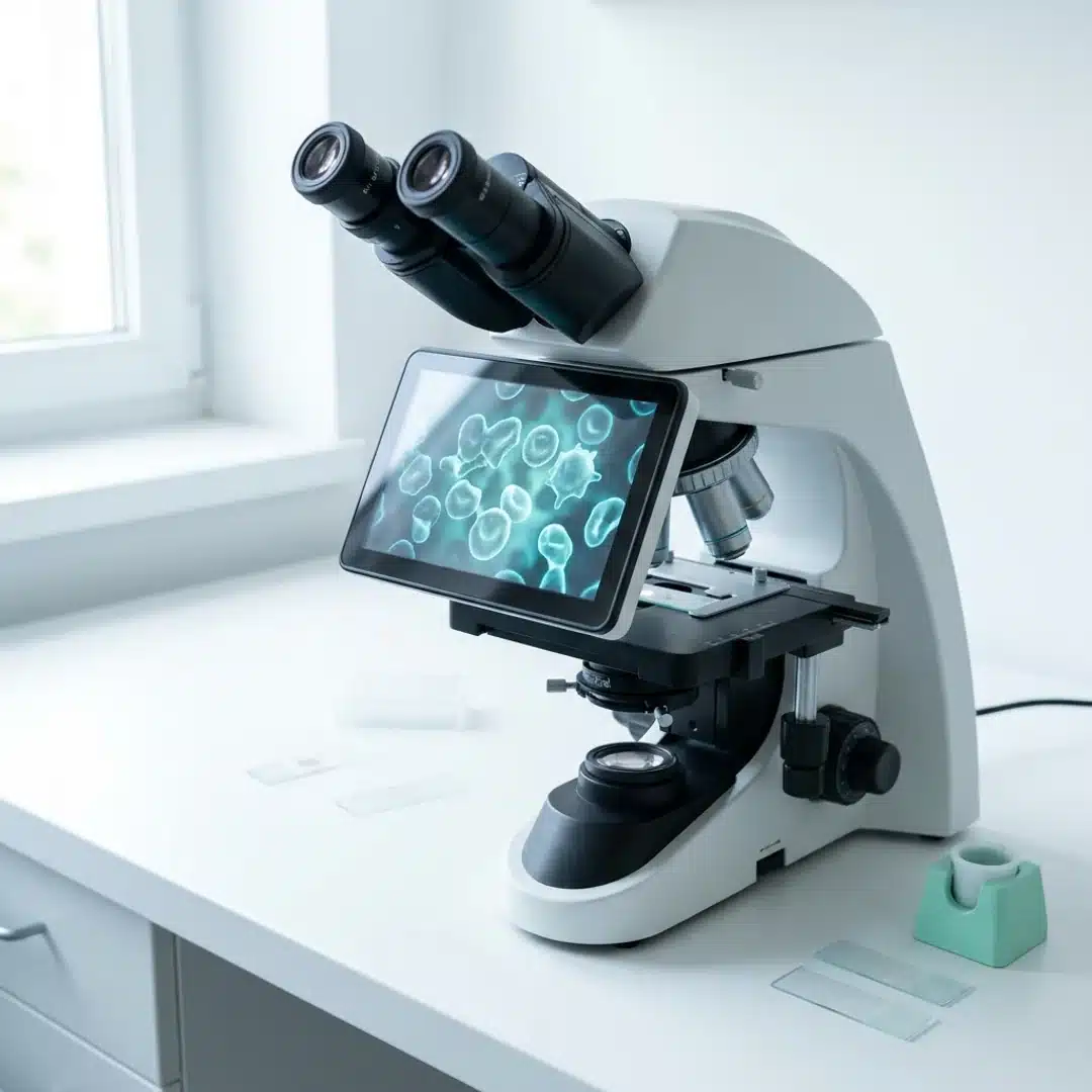 Microscópio moderno com tela digital exibindo células leucêmicas em tons azul-petróleo — diagnóstico de LLC e LMA tratadas com Venetoclax