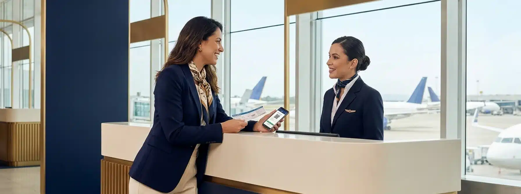 Passageira no balcão de check-in com cartão de embarque e celular conversando com atendente da companhia aérea