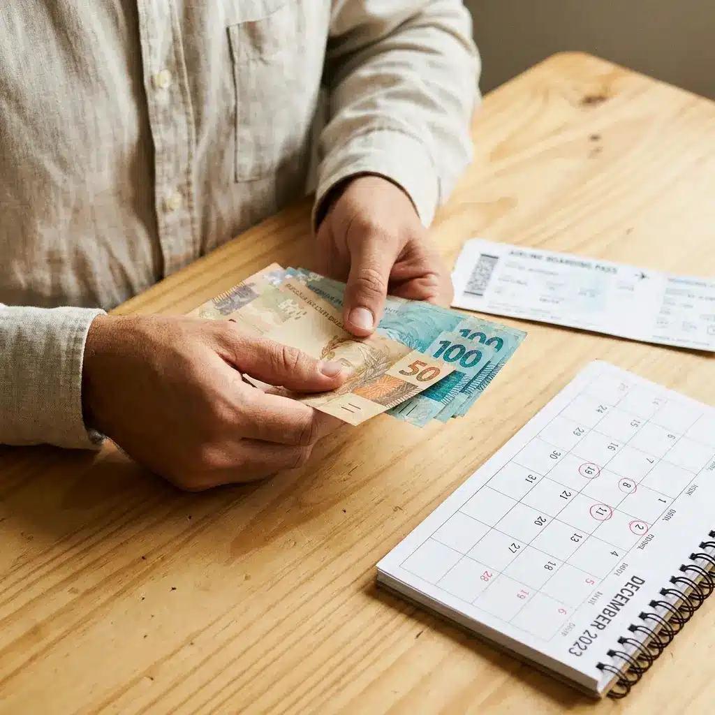 Mãos contam notas de Real ao lado de passagem aérea e calendário