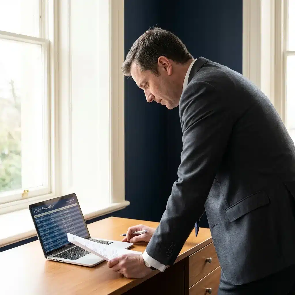 Advogado revisa contrato com horário de voo no notebook