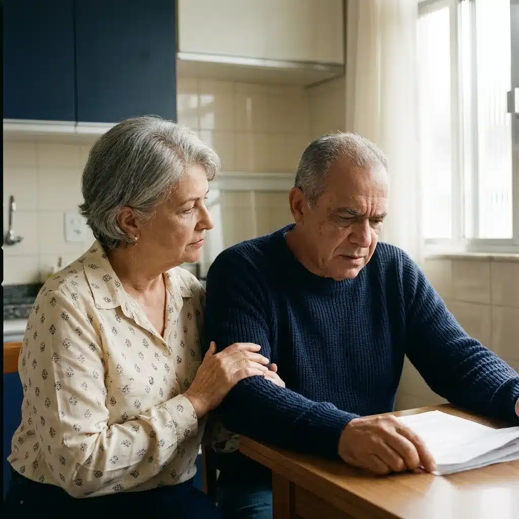Casal de aposentados confere extrato bancário juntos na mesa de cozinha